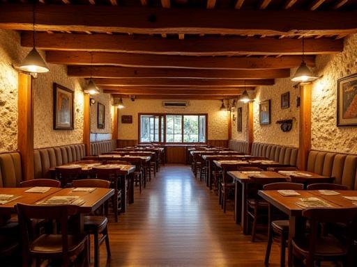 Уютният интериор на The Old Mill Bistro с дървени греди и традиционни елементи
